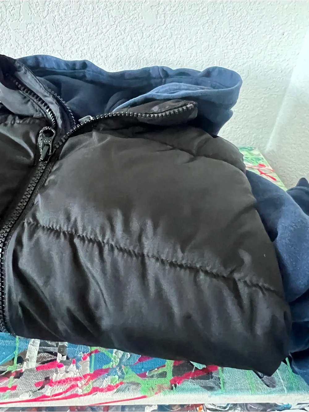 Old Navy Kids Black Puffer Vest with H&M Blue Hoodie together for a Layered Look